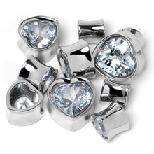 Load image into Gallery viewer, Stainless Steel CZ Gem Heart In Heart Double Flare Plug Set 8mm to 16mm
