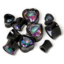 Load image into Gallery viewer, Medium Vitrail CZ Black Heart In Heart Double Flare Plug Set 8mm to 16mm
