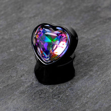 Load image into Gallery viewer, Medium Vitrail CZ Black Heart In Heart Double Flare Plug Set 8mm to 16mm
