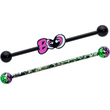 Load image into Gallery viewer, 14G Black Halloween Pink Boo Green Industrial Barbell 38mm Set of 2
