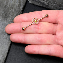 Load image into Gallery viewer, 14G Dark Aurora Gem Rose Gold Tone Flower Industrial Barbell 38mm
