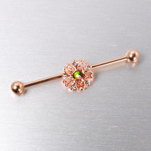 Load image into Gallery viewer, 14G Dark Aurora Gem Rose Gold Tone Flower Industrial Barbell 38mm
