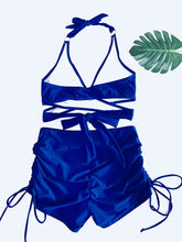 Load image into Gallery viewer, Coastal Curve Halter Bikini Set for Women – V-Neck Crisscross Drawstring Swimsuit with Chic Ring Detail &amp; High-Waisted Boxer Shorts for Summer – Sleek Two-Piece Nylon Swimwear for Women’s Beach &amp; Poolside Style

