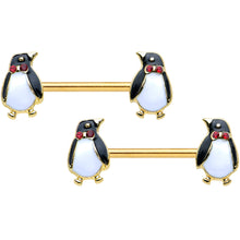 Load image into Gallery viewer, 14G 9/16 Red Gem Gold Hue Bow Tie Penguin Barbell Nipple Ring Set

