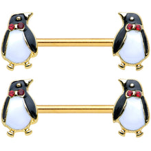 Load image into Gallery viewer, 14G 9/16 Red Gem Gold Hue Bow Tie Penguin Barbell Nipple Ring Set
