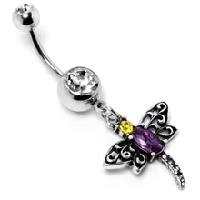 Load image into Gallery viewer, Clear Yellow Purple Gem Dragonfly Dangle Belly Ring
