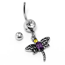 Load image into Gallery viewer, Clear Yellow Purple Gem Dragonfly Dangle Belly Ring
