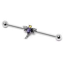 Load image into Gallery viewer, 14G Purple Yellow Gem Dragonfly Industrial Barbell 38mm
