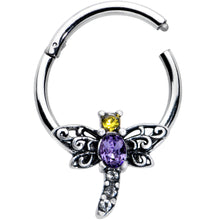 Load image into Gallery viewer, 16G 3/8 Purple Yellow Gem Dragonfly Hinged Segment Ring
