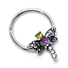 Load image into Gallery viewer, 16G 3/8 Purple Yellow Gem Dragonfly Hinged Segment Ring
