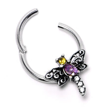 Load image into Gallery viewer, 16G 3/8 Purple Yellow Gem Dragonfly Hinged Segment Ring
