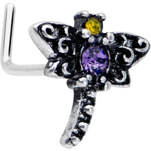 Load image into Gallery viewer, 20G 7mm Purple Yellow Gem Dragonfly L Shape Nose Ring
