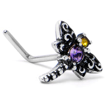 Load image into Gallery viewer, 20G 7mm Purple Yellow Gem Dragonfly L Shape Nose Ring
