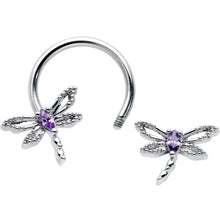 Load image into Gallery viewer, 16G 3/8 Purple CZ Gem Open Dragonfly Horseshoe Circular Barbell
