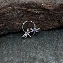 Load image into Gallery viewer, 16G 3/8 Purple CZ Gem Open Dragonfly Horseshoe Circular Barbell
