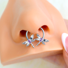 Load image into Gallery viewer, 16G 3/8 Purple CZ Gem Open Dragonfly Horseshoe Circular Barbell
