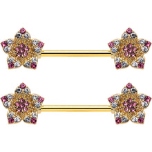 Load image into Gallery viewer, 14G 9/16 Pink Gem Gold Tone Texture Star Barbell Nipple Ring Set
