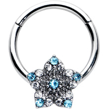 Load image into Gallery viewer, 16G 3/8 Blue Clear Gem Opulent Flower Hinged Segment Ring
