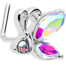 Load image into Gallery viewer, 20G 7mm Aurora CZ Gem Fleur de Lis Butterfly L Shape Nose Ring
