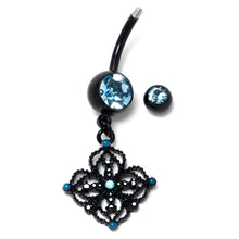 Load image into Gallery viewer, Blue Gem Black Lacy Rhombus Dangle Belly Ring
