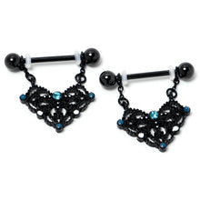 Load image into Gallery viewer, 14G 9/16 Blue Gem Black Lacy Rhombus Dangle Nipple Ring Set
