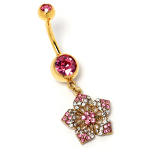 Load image into Gallery viewer, Pink Clear Gem Gold Tone Texture Star Dangle Belly Ring
