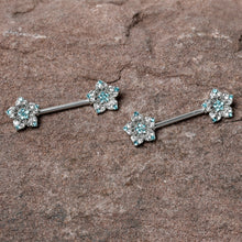 Load image into Gallery viewer, 14G 9/16 Blue Clear Gem Opulent Flowers Barbell Nipple Ring Set
