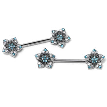 Load image into Gallery viewer, 14G 9/16 Blue Clear Gem Opulent Flowers Barbell Nipple Ring Set
