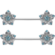 Load image into Gallery viewer, 14G 9/16 Blue Clear Gem Opulent Flowers Barbell Nipple Ring Set
