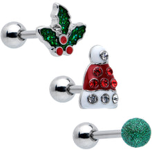 Load image into Gallery viewer, 16G 1/4 Red Gem Santa Hat Holly Sprig Cartilage Earring Set of 3
