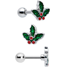 Load image into Gallery viewer, 16G 1/4 Red Gem Santa Hat Holly Sprig Cartilage Earring Set of 3
