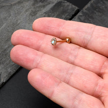 Load image into Gallery viewer, White Synthetic Opal Rose Gold Tone Drop Barbell Tongue Ring
