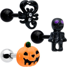 Load image into Gallery viewer, 16G 1/4 Clear Gem Black Scorpion Pumpkin Cartilage Earring Set of 3
