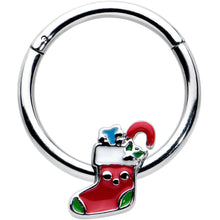 Load image into Gallery viewer, 16G 3/8 Happy Christmas Stocking Red Green Hinged Segment Ring
