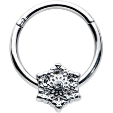Load image into Gallery viewer, 16G 3/8 Clear Gem Filigree Winter Snowflake Hinged Segment Ring
