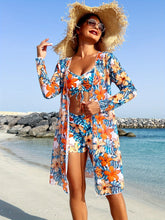 Load image into Gallery viewer, Luxe Lines 3-Piece Geometric Bikini Set for Women – High Rise Drawstring Bikini with Boxer Shorts &amp; Long Sleeve Sheer Kimono Cover-Up – Bold &amp; Breezy Women’s Swimwear for Summer Beach Pool &amp; Getaways

