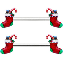 Load image into Gallery viewer, 14G 9/16 Cheery Christmas Stocking Red Barbell Nipple Ring Set
