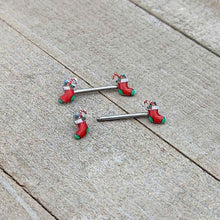 Load image into Gallery viewer, 14G 9/16 Cheery Christmas Stocking Red Barbell Nipple Ring Set
