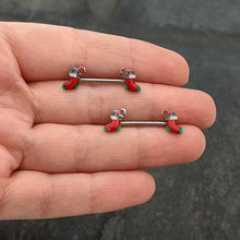 Load image into Gallery viewer, 14G 9/16 Cheery Christmas Stocking Red Barbell Nipple Ring Set
