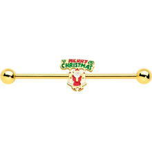 Load image into Gallery viewer, 14G Gold Hue Merry Christmas Santa Inlaid Industrial Barbell 38mm
