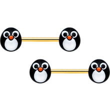 Load image into Gallery viewer, 14G 9/16 Gold Tone Round Penguin Face Barbell Nipple Ring Set
