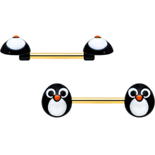 Load image into Gallery viewer, 14G 9/16 Gold Tone Round Penguin Face Barbell Nipple Ring Set

