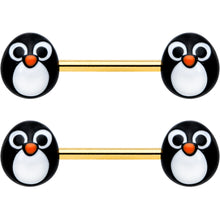 Load image into Gallery viewer, 14G 9/16 Gold Tone Round Penguin Face Barbell Nipple Ring Set
