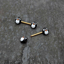 Load image into Gallery viewer, 14G 9/16 Gold Tone Round Penguin Face Barbell Nipple Ring Set
