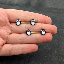Load image into Gallery viewer, 14G 9/16 Gold Tone Round Penguin Face Barbell Nipple Ring Set
