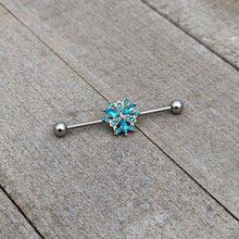 Load image into Gallery viewer, 14G Blue CZ Gem Ornate Snowflake Industrial Barbell 38mm
