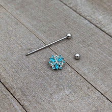 Load image into Gallery viewer, 14G Blue CZ Gem Ornate Snowflake Industrial Barbell 38mm
