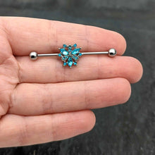 Load image into Gallery viewer, 14G Blue CZ Gem Ornate Snowflake Industrial Barbell 38mm
