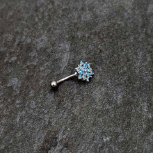 Load image into Gallery viewer, 16G 5/16 Blue CZ Gem Snowflake Blues Curved Eyebrow Ring
