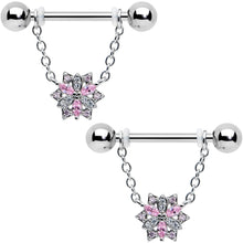 Load image into Gallery viewer, 14G 9/16 Pink Clear CZ Gem Snowflake Chain Dangle Nipple Ring Set
